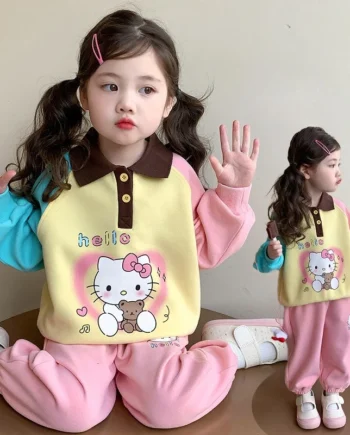 Baby Girl Clothes Set Autumn Kid Hello Kitty Sweatshirts Pullover Polo Top&Pink Pants 2pcs Suit Children Tracksuits Cute Outfit