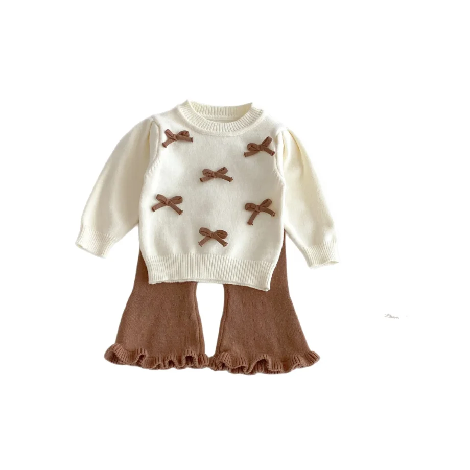 Baby Girl Sweater Suit 2025 Autumn and Winter New Bow Round Neck Sweater+Bell Bottoms +Cute Bag Three Piece Suit