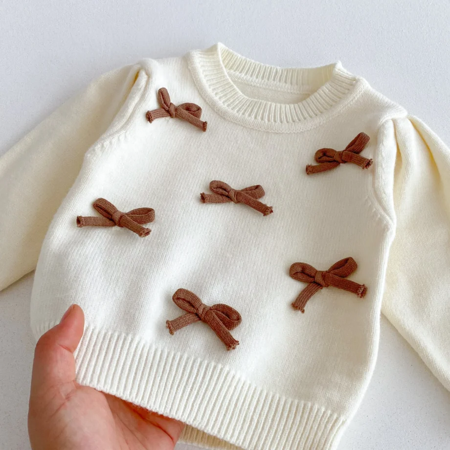 Baby Girl Sweater Suit 2025 Autumn and Winter New Bow Round Neck Sweater+Bell Bottoms +Cute Bag Three Piece Suit