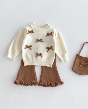 Baby Girl Sweater Suit 2025 Autumn and Winter New Bow Round Neck Sweater+Bell Bottoms +Cute Bag Three Piece Suit