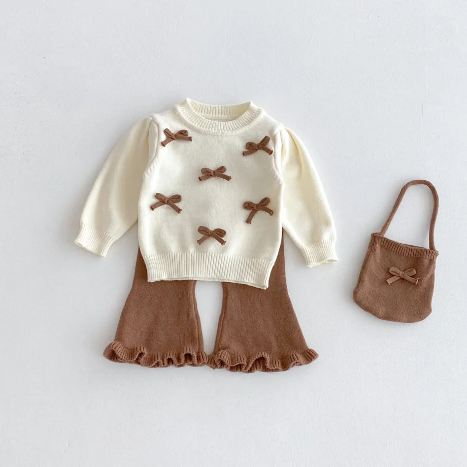 Baby Girl Sweater Suit 2025 Autumn and Winter New Bow Round Neck Sweater+Bell Bottoms +Cute Bag Three Piece Suit