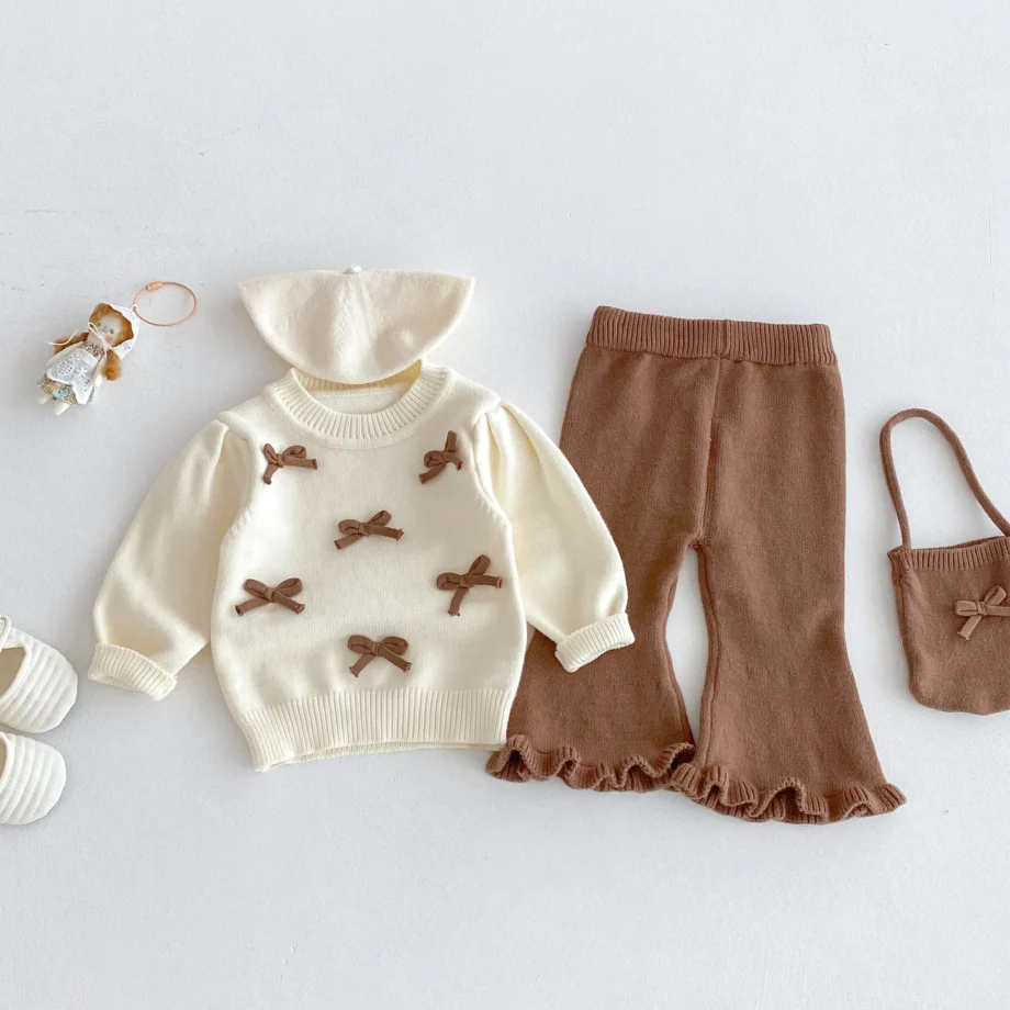 Baby Girl Sweater Suit 2025 Autumn and Winter New Bow Round Neck Sweater+Bell Bottoms +Cute Bag Three Piece Suit