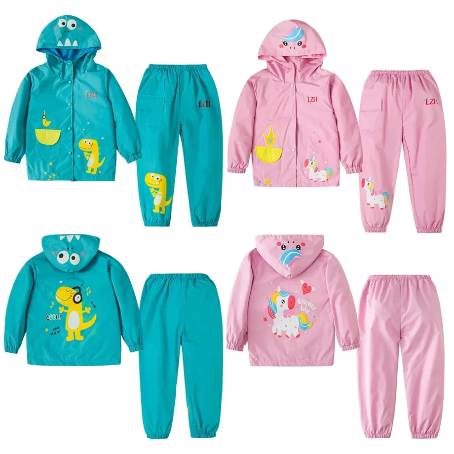Boys Girls Set autumn and winter Toddler Hood Rain Suit Girls Unicorn Waterproof Coat and pant spcs Sets Kids Clothes 1-5year