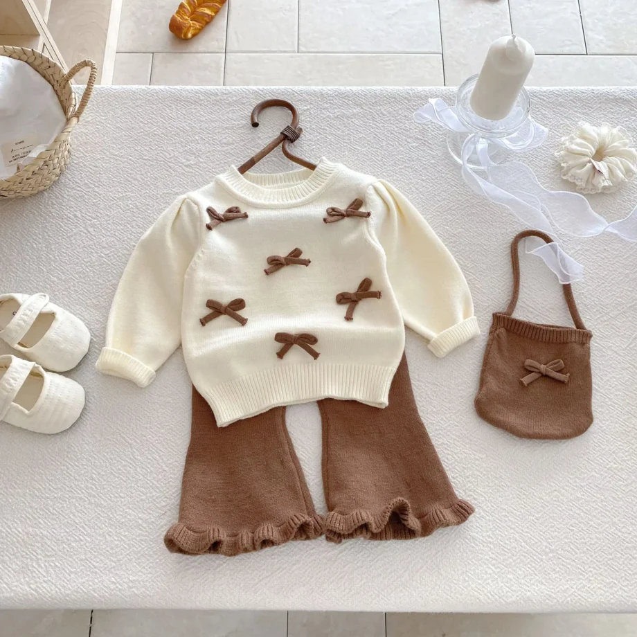 Baby Girl Sweater Suit 2025 Autumn and Winter New Bow Round Neck Sweater+Bell Bottoms +Cute Bag Three Piece Suit